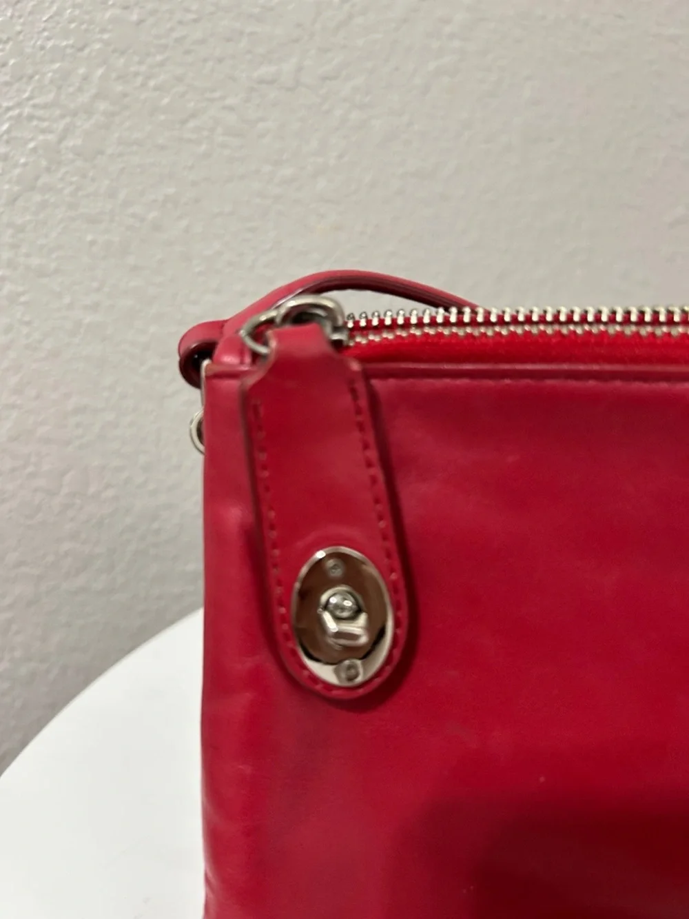 Coach Red Leather Double Compartment Crossbody Purse Silver Turn Lock Adjustable